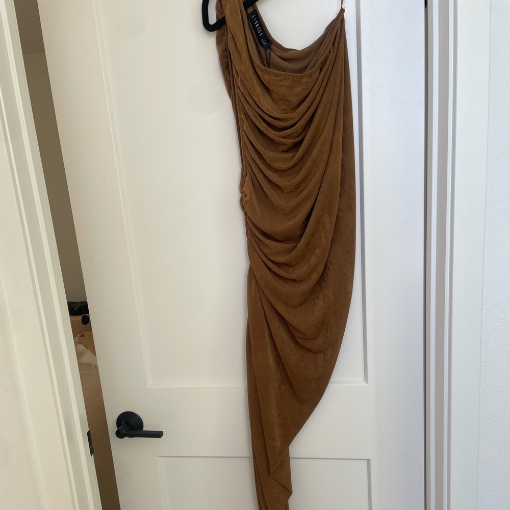 Lioness Bronze Single Shoulder Sexy Asymmetrical Bodycon Midi Dress Sz M